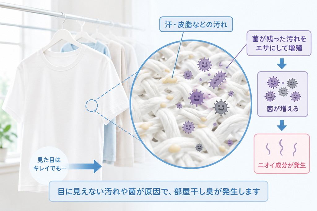 衣類に残った汗や皮脂をエサに菌が増殖して部屋干し臭が発生する仕組み
