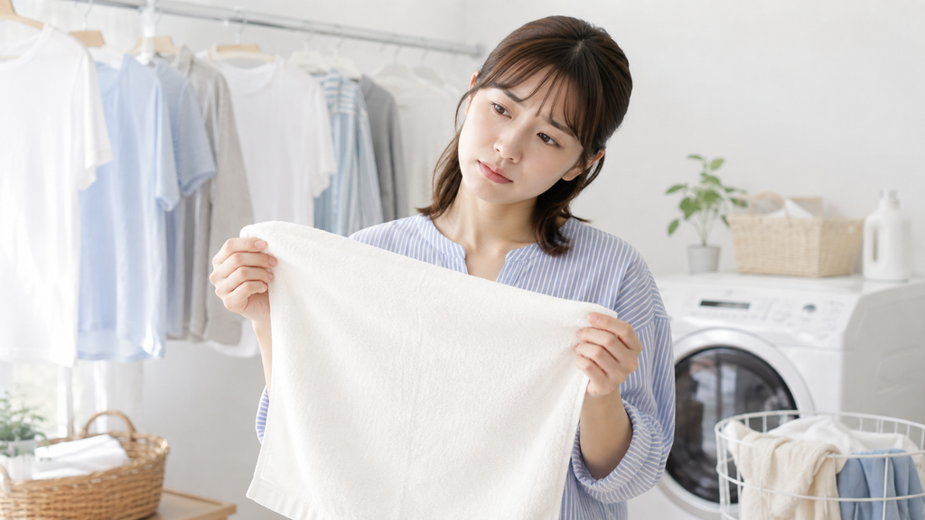 部屋干ししたタオルを確認しながら臭いについて疑問を感じる女性