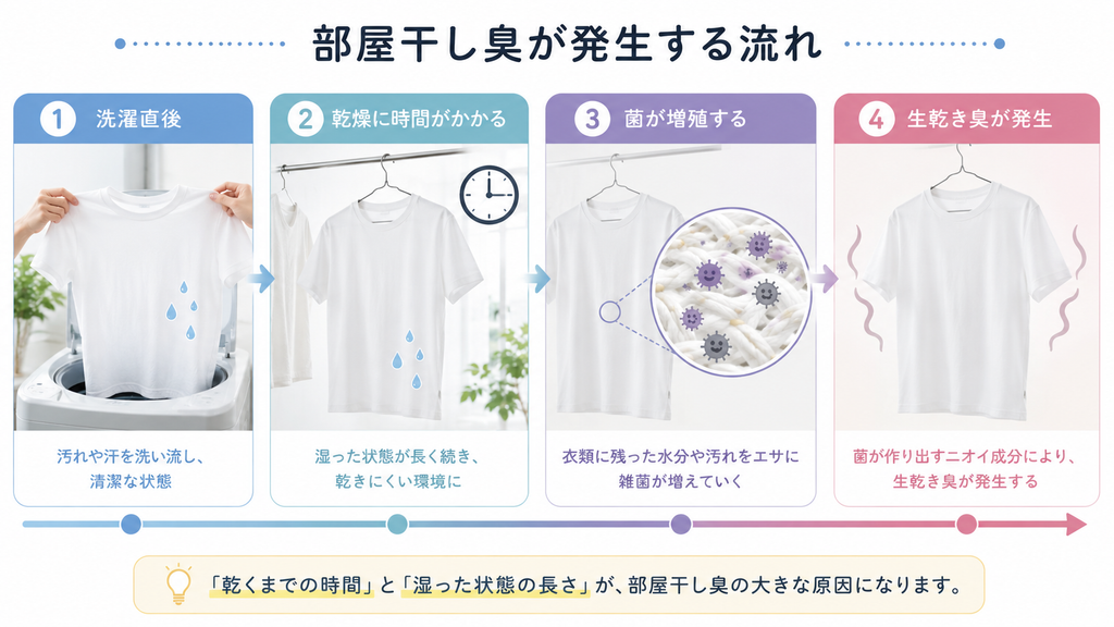洗濯後の衣類が乾くまでに時間がかかり、菌が増殖して生乾き臭が発生する流れ